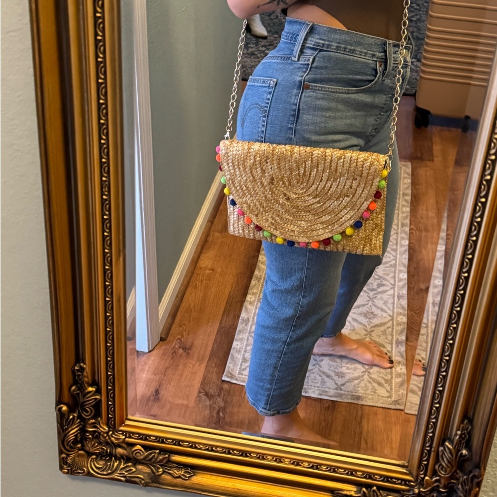 Colorful Pom-Pom Straw Clutch